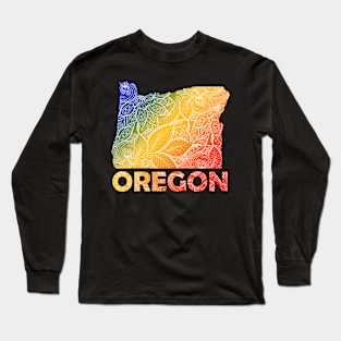 Colorful mandala art map of Oregon with text in blue, yellow, and red Long Sleeve T-Shirt